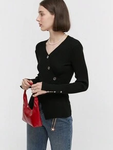 Women's Solid Color Button Up Fitted Long Sleeve Knitted Sweater,Long Sleeve Tops - Black - View 8