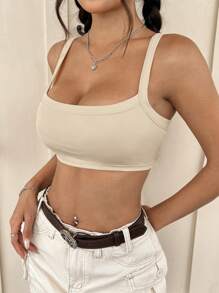 SHEIN EZwear Áo crop top sọc trơn màu đơn giản cho nữ - Màu be - Xem 3