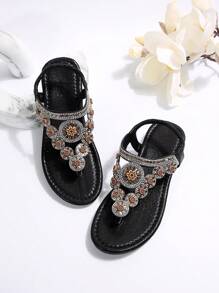 Women's Rhinestone Adorned Flat Sandals, Toe Ring Style, Bohemian , Perfect For Summer And Beach Valentines