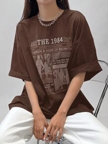 DAZY 女士夏季宽松圆领T恤，带有标语和人物印花设计，1984让我们看看发生了什么，珍惜重聚的希望，趁还有时间，尽你所能，充满希望的图案T恤超大T恤