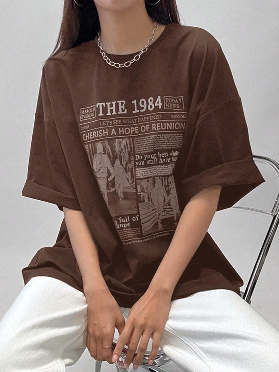 DAZY 女士夏季宽松圆领T恤，带有标语和人物印花设计，1984让我们看看发生了什么，珍惜重聚的希望，趁还有时间，尽你所能，充满希望的图案T恤超大T恤