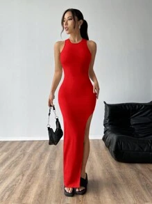 SHEIN EZwear Vestido sexy sin mangas de unicolor con abertura alta en la falda y espalda descubierta, para el verano.