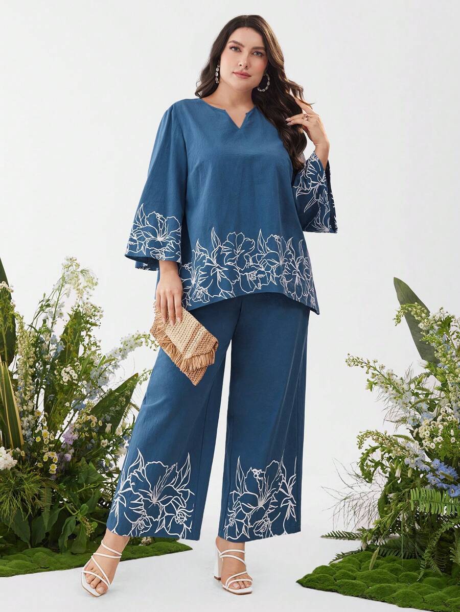 Mulvari Women's Plus Size Fashion Printed Long Sleeve Top And Pants Two Pieces Set - Blue - View 1