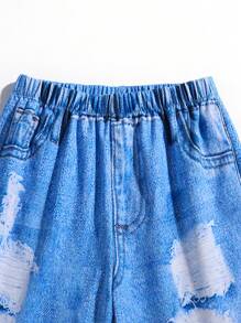 Tween Boy Casual Denim Effect Printed Turn-Down Collar Short Sleeve Shirt And Shorts Woven 2pcs Outfit Set