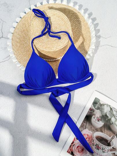 Swim Vcay Women's Low-Cut Solid Color Halter Neck Bikini Top (One Piece), Detachable Strap With Knot, Push-Up And Wire-Free,Summer Beach