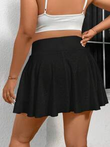 SHEIN Privé Plus Size Elegant And Casual Athletic Hollow Mesh Texture A-Line Skort With Pockets, White - Black - View 2