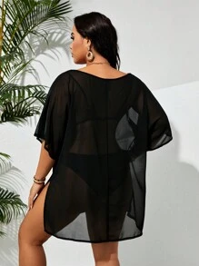 Swim Lushoire Plus Size Women's Holiday Solid Color Round Neck Batwing Sleeve Mesh Loose Cover-Up Dress,Summer Beach - Black - View 2