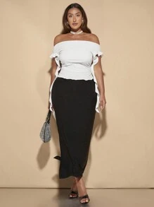 SHEIN BAE Plus Size Women's White Versatile Everyday Sweet Ruffled Knitted Stretch Short-Sleeved One-Shoulder T-Shirt - White - View 1