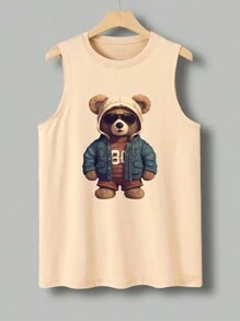 Men's Cartoon Bear Printed Round Neck Casual Tank Top, Summer
