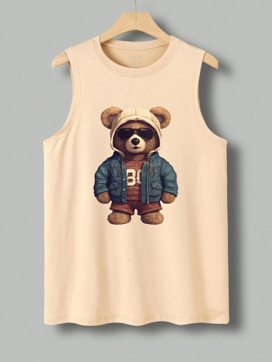 Men's Cartoon Bear Printed Round Neck Casual Tank Top, Summer
