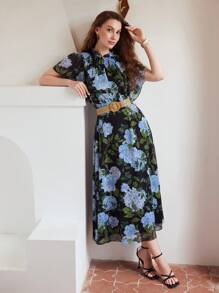 MOTF PREMIUM FLORAL PRINT FRILL MOCK NECK FLUTTER SLEEVE DRESS - Multicolor - View 8