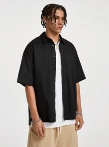Manfinity NXTstreet Men's Solid Color Loose Short Sleeve Shirt, Suitable For Summer - Black - View 6