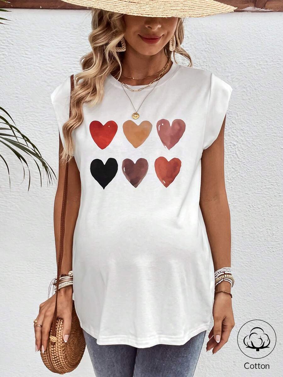 SHEIN Maternity Women Fashionable Heart Printed Flutter Sleeve T-Shirt