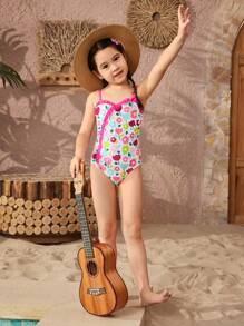 Young Girl Vacation Floral Printed Ruffled One-Piece Swimsuit With Cute Straps - Hot Pink - View 3