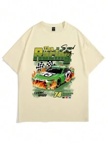 Manfinity EMRG Camiseta de manga corta con cuello redondo, estampado de coche de carreras y letras para verano