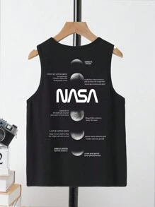 適合夏季的青少年男孩休閒簡約字母印花圓領背心 - 黑色 - 查看 1