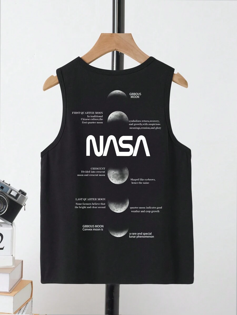 適合夏季的青少年男孩休閒簡約字母印花圓領背心 - 黑色 - 查看 1