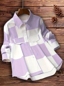 New Arrival Fashion Women's Clothing Elegant Versatile Color Block Plaid Casual Long Sleeve Shirt - Purple - View 3