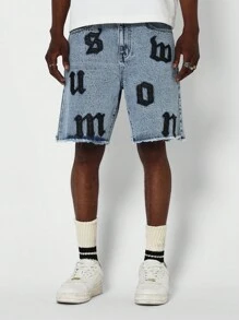 SUMWON 牛仔短裤贴花牛仔短裤 - 藍色 - 查看 1
