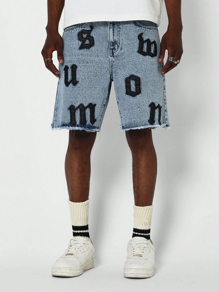 SUMWON 牛仔短裤贴花牛仔短裤 - 藍色 - 查看 1