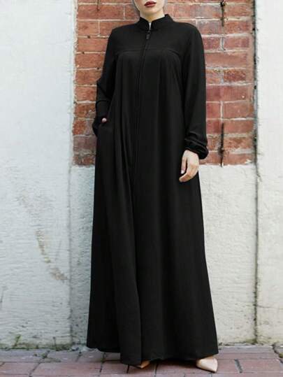 Fashion Women's Long Sleeve Zipper Splicing Black Abaya Modest Dress