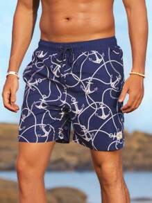 Manfinity RSRT Men's Drawstring Waist Loose Beach Shorts With Chain Print, Summer Vacation Style - Blue - View 5