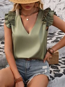 SHEIN Franclia Camisa de talla grande para mujer de unicolor con mangas de volantes de moda