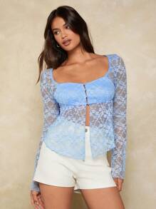 Forever 21 Top à manches longues col carré avec ourlet asymétrique en dentelle bleue pour femmes
