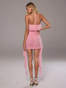 Aloruh Women's Summer Elegant Pink 3D Flower Halter Ruched Slim-Fit Backless Dress With Ruffle Trim - Pink - View 2