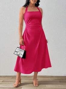 SHEIN Privé Plus Size Ruched Spaghetti Strap Midi Dress In Light Apricot Color, Elegant Style For Daily Wear Or Date - Hot Pink - View 5