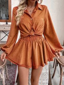 Breezaya Ladies' Vacation Style Solid Color Lantern Sleeve Shirt And Shorts Two Pieces Set - Orange - View 5