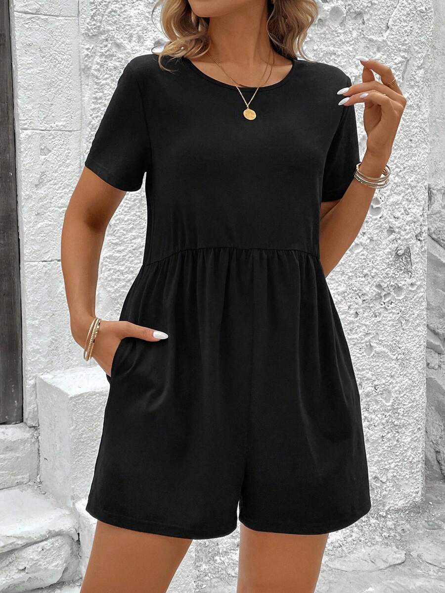 SHEIN LUNE 休閒圓領收腰黑色連體褲 - 黑色 - 查看 1