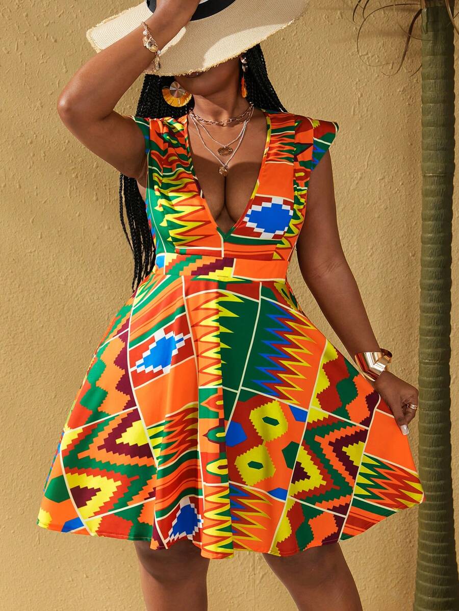 Maweii Robe d'été sexy grande taille sans manches à motif géométrique col en V profond - Multicolore - Voir 1