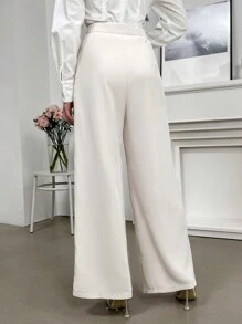 Modelyn 女士休閒高腰寬腳褲（純色） - 杏色 - 查看 2