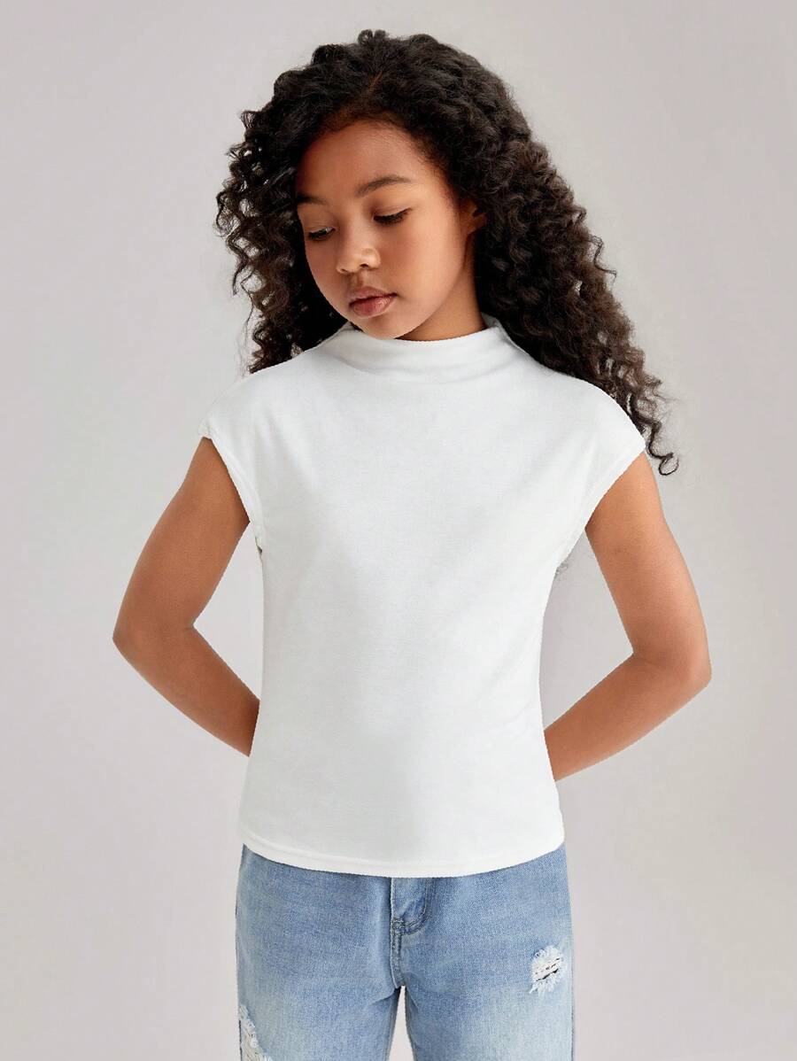 Tween Girl Casual Spring/Summer Knitted Solid Color Half High Neck Short Sleeve Top - White - View 1