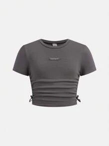 SHEIN Girlism Tween Girl Knitted Solid Color Round Neck Casual Short Sleeve T-Shirt - Dark Grey - View 1