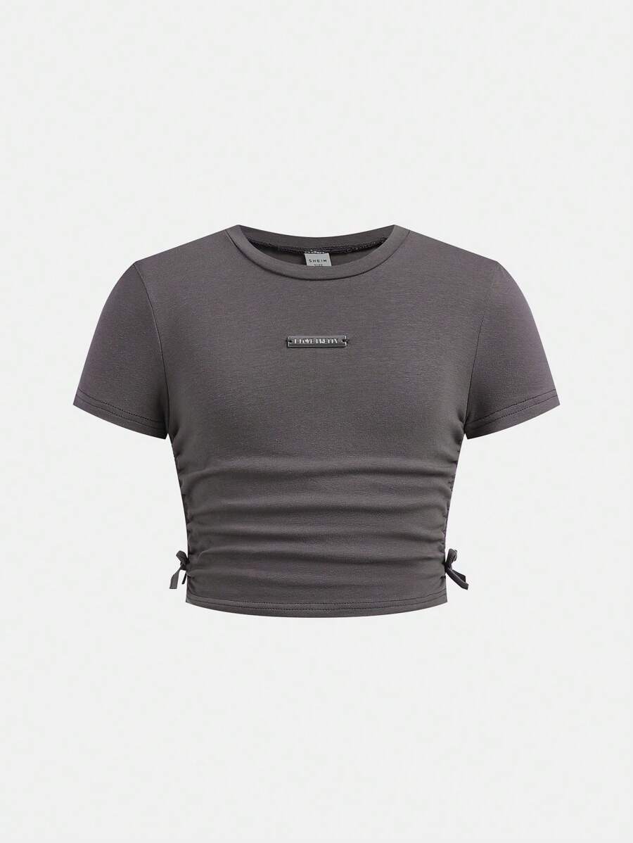 SHEIN Girlism Tween Girl Knitted Solid Color Round Neck Casual Short Sleeve T-Shirt - Dark Grey - View 1