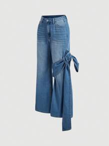 SHEIN MOD 女款寬鬆修身鬆緊腰寬腿休閒牛仔褲，前扣綁帶細節和口袋 - 淺色水洗藍 - 查看 3