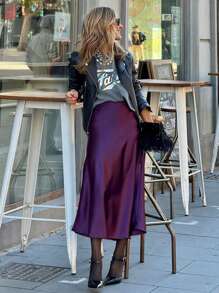 Chiquease Falda larga de unicolor de moda femenina para verano - Morado - Ver 3
