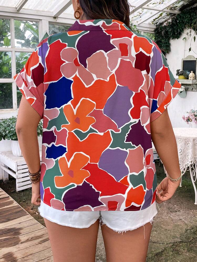 Plus Size Women's Geometric Printed Batwing Short Sleeve Casual Shirt, Summer