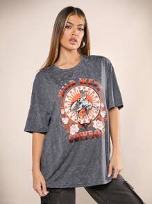 Denimoi Women's Letter & Floral Print Drop Shoulder T-Shirt - Dark Grey - View 5