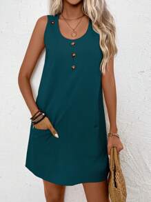 EMERY ROSE Solid Color Sleeveless Casual Dress With Pockets And Round Neckline For Summer - Teal Blue - View 4