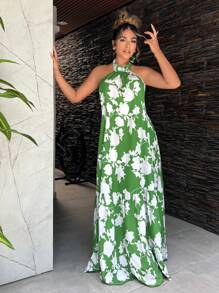 SHEIN SXY Women's Summer Plant Printed Long Backless Halterneck Dress Holiday Sexy Summer Beach Vacation Boho Women Outfit Pride Clothes Western Wear Birthday Outfit Bachelorette Party Concert Club - Multicolor - View 5