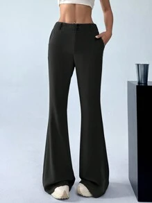 SHEIN EZwear Bộ đồ đơn giản màu trơn quần ống loe thường ngày cho nữ - màu đen - Xem 4