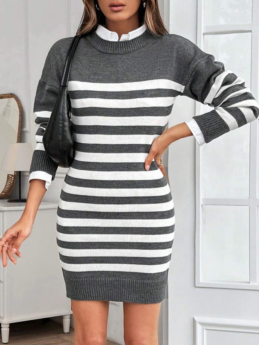 SHEIN Cottnline 條紋長袖圓領中長款毛衣連衣裙 - 淺灰色 - 查看 1