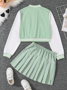 Sparklyn 青少女簡約拼色字母印花棒球上衣與裙子套裝 - 薄荷綠 - 查看 2