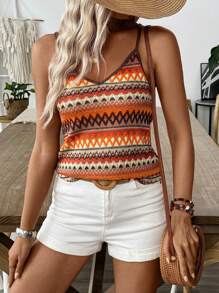 Breezaya Multicolor Crochet Summer V-Neck Cami Top Graphic Tees Women Tops