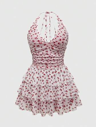 Sweetness Summer Cute & Sexy Cherry Print Halter Ruffled Backless Ultra Short Dress