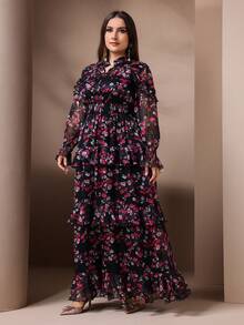 Voworia Plus Size Summer Elegant Floral Print Ruffle Hem Dress - Black - View 6