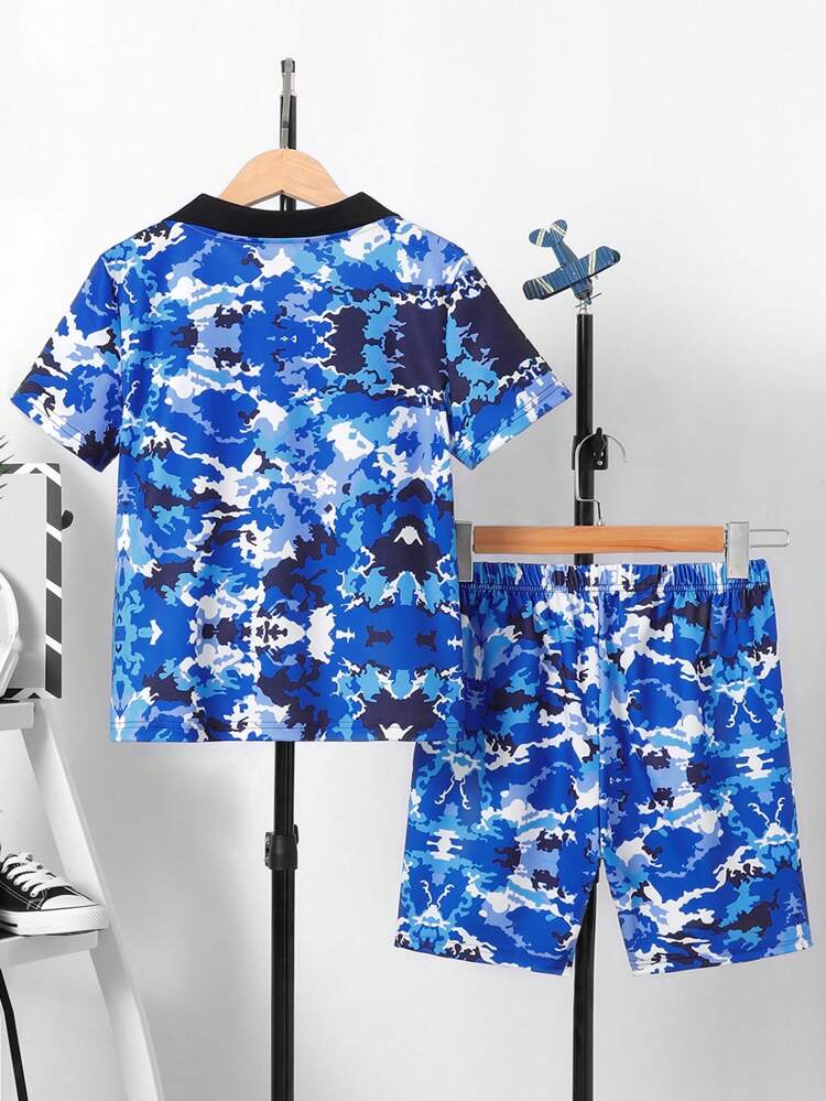 Tween Boy Summer Letter & Camouflage Printed Short Sleeve T-Shirt And Shorts Casual 2pcs Outfit